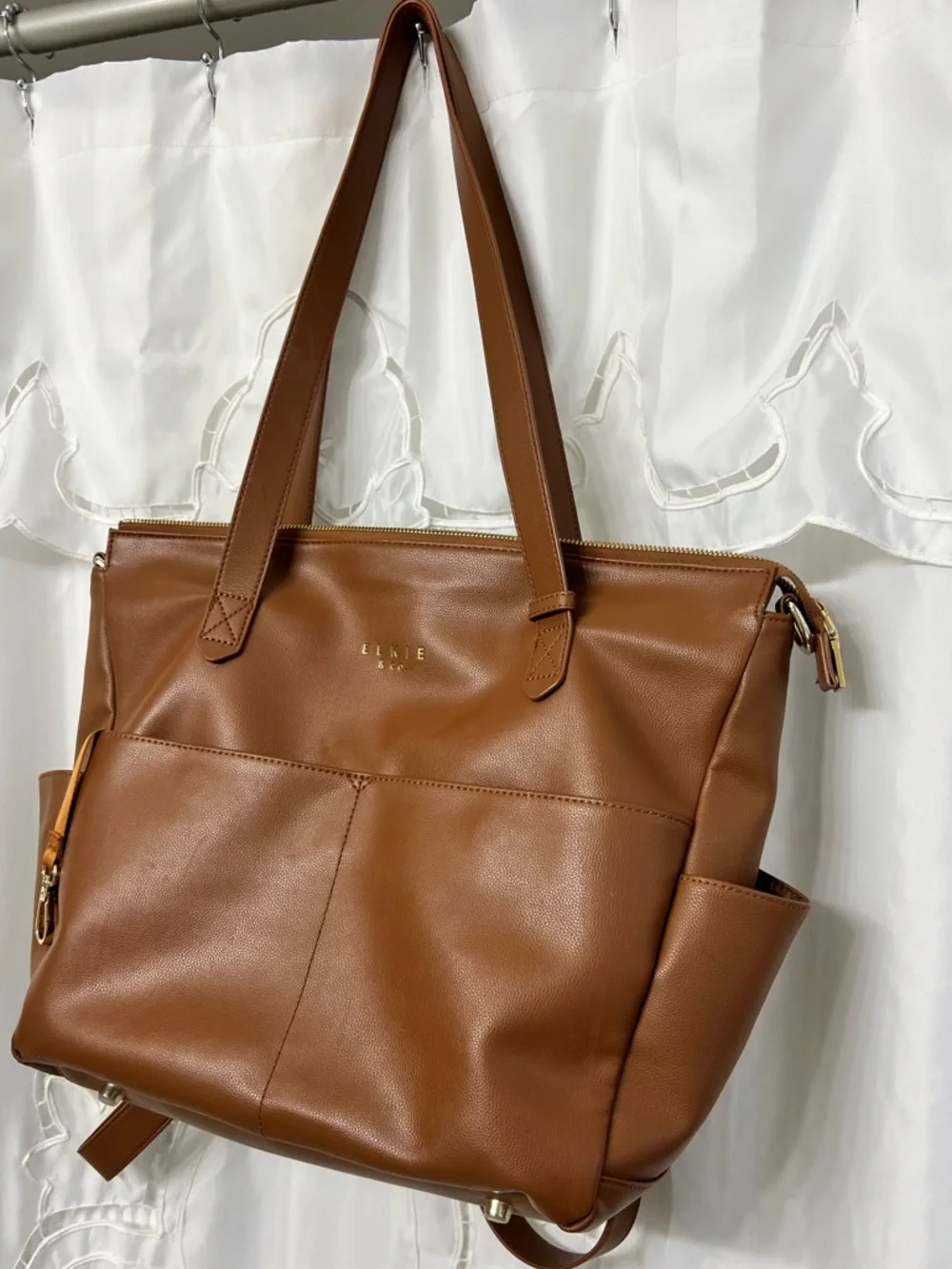 Elkie & Co Aberdeen Diaper Saddle Cognac Vegan Leather Convertible Backpack Tote